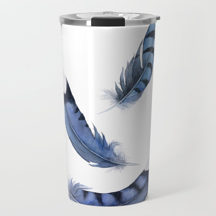 Falling Feather, Blue Jay Feather, Blue Feather watercolor painting by Suisai Genki Travel Mug