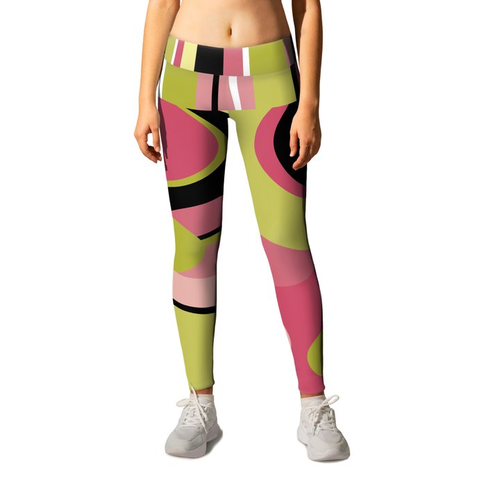 Contemporary Circles and Stripes Pattern in Hot Pink Neon Green and Black Leggings
