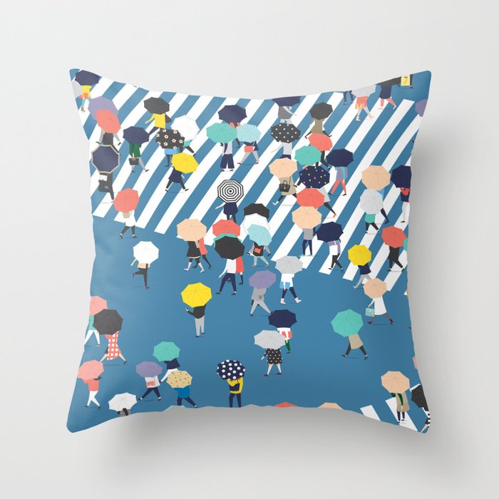 Crossing The Street On a Rainy Day - Blue Throw Pillow