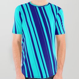 [ Thumbnail: Cyan & Blue Colored Lined Pattern All Over Graphic Tee ]