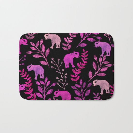 Watercolor Flowers & Elephants III Bath Mat