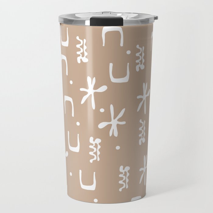 Organic Hieroglyph Abstract Pattern in Buff Camel Beige and White  Travel Mug