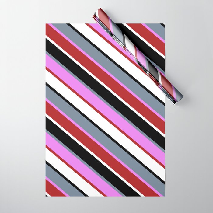 Vibrant Light Slate Gray, Violet, Red, White & Black Colored Stripes/Lines Pattern Wrapping Paper