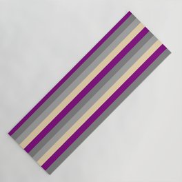 [ Thumbnail: Purple, Gray, Dark Grey, and Tan Colored Lined Pattern Yoga Mat ]