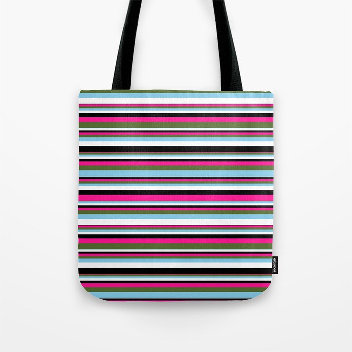 Vibrant Deep Pink, Dark Olive Green, Sky Blue, White, and Black Colored Lined/Striped Pattern Tote Bag