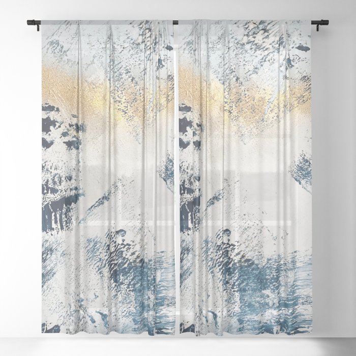Sunset [1]: a bright, colorful abstract piece in blue, gold, and white by Alyssa Hamilton Art Sheer Curtain