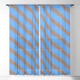 [ Thumbnail: Blue & Brown Colored Lined/Striped Pattern Sheer Curtain ]