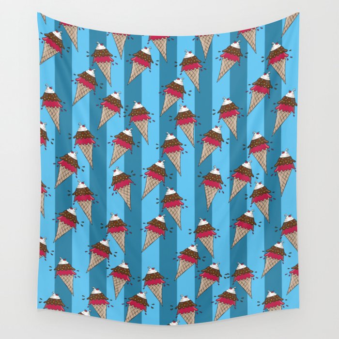 Yummy Ice Cream Cone Pattern on Striped Background Wall Tapestry