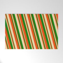 [ Thumbnail: Red, Tan, and Green Colored Striped Pattern Welcome Mat ]