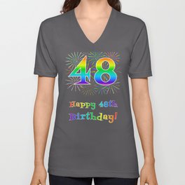 [ Thumbnail: 48th Birthday - Fun Rainbow Spectrum Gradient Pattern Text, Bursting Fireworks Inspired Background V Neck T Shirt V-Neck T-Shirt ]
