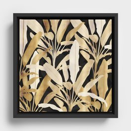  Tropical Gold Banana Leaves Black Pattern Framed Canvas