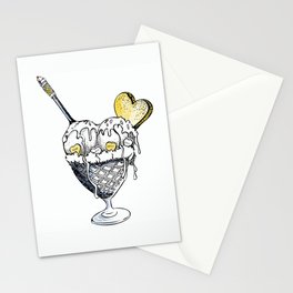 Ice cream in vintage waffle bowl with spoon and heart cookie Stationery Card