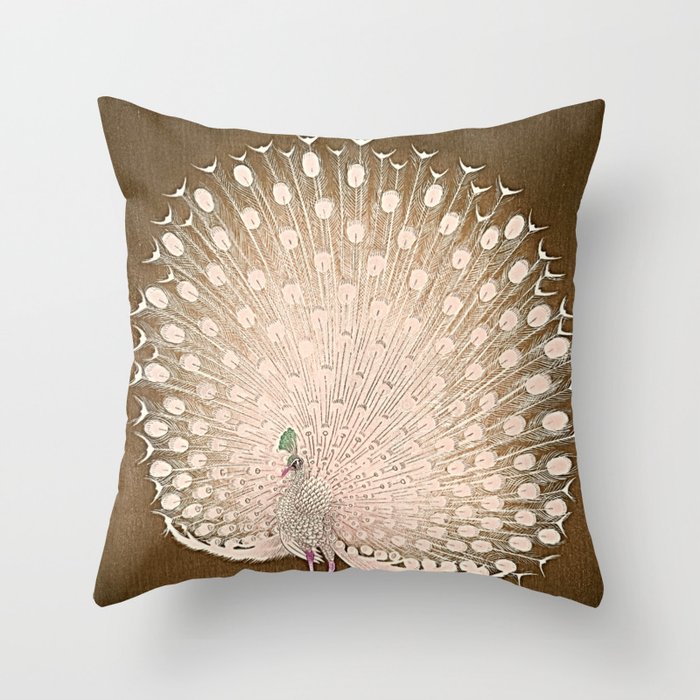 Peacock - Vintage Fantasy Bird Beige Brown Throw Pillow