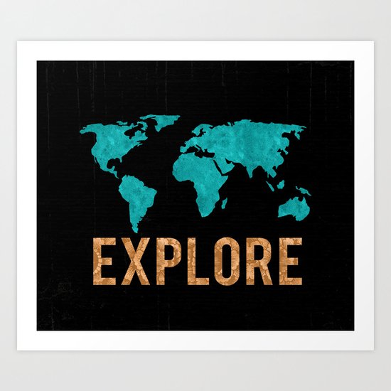 World Map - Teal and Copper Explore Globe Art Print