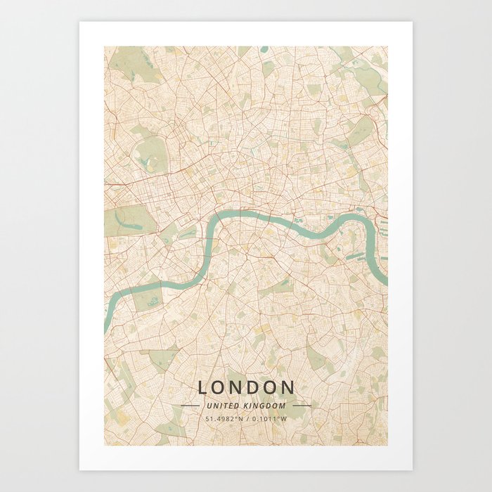 London, United Kingdom - Vintage Map Art Print