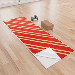[ Thumbnail: Red, Yellow, and White Colored Stripes Pattern Yoga Towel ]