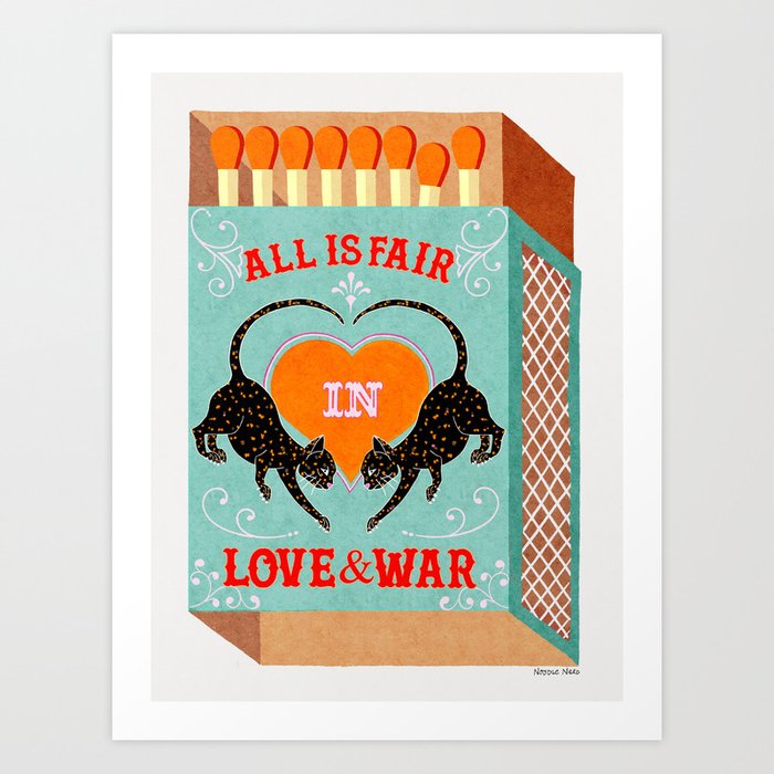 All is Fair in Love and War Vintage Matchbox Sky Blue Orange Palette with Leopard Art Print