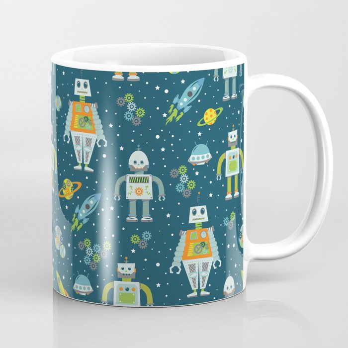 Robots in Space - Blue + Green Coffee Mug