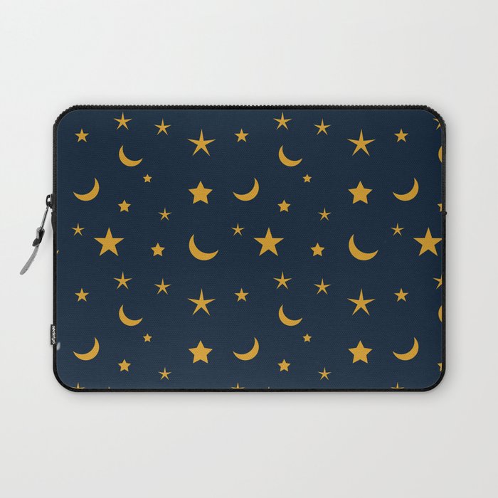 Yellow moon and star pattern on Navy blue background Laptop Sleeve