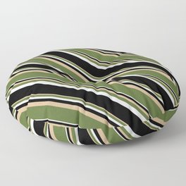 [ Thumbnail: Tan, Dark Olive Green, Mint Cream & Black Colored Stripes Pattern Floor Pillow ]