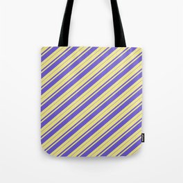 [ Thumbnail: Tan & Slate Blue Colored Stripes Pattern Tote Bag ]