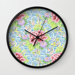 Japanese Garden Wall Clock | Bluewaves, Painting, Kimono, Japanesegarden, Beautiful, Peonies, Flowers, Watercolor, Chrysanthemums, Pattern 