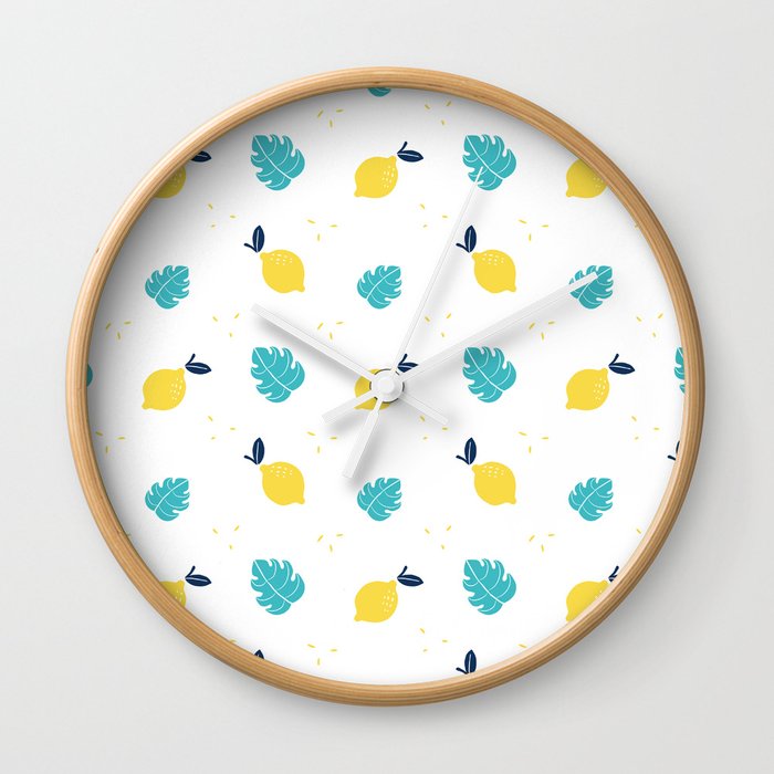 Modern sunshine yellow teal tropical cheese leaves summer fruit pattern Wall Clock