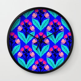 Hand drawn folk art floral pattern in bright blue and pink Wall Clock