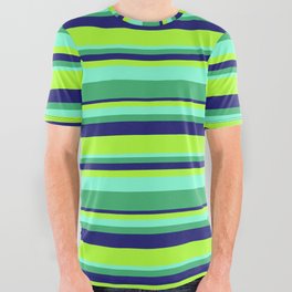 [ Thumbnail: Aquamarine, Sea Green, Midnight Blue & Light Green Colored Stripes Pattern All Over Graphic Tee ]