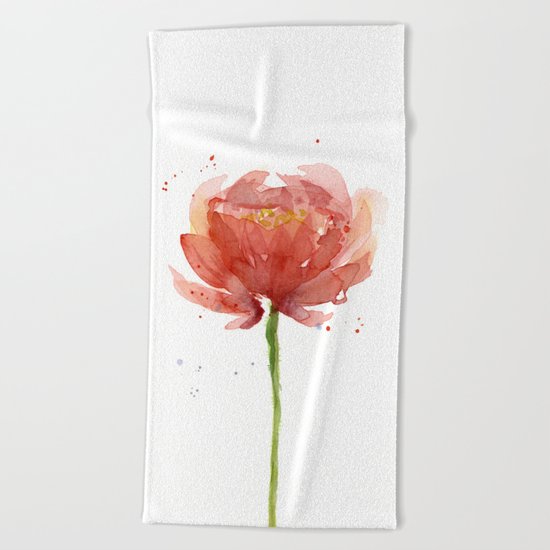 Red Flower Watercolor Floral Painting Beach Towel