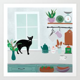 Kitchen with a set of furniture Art Print | Kitchenutensils, Cozy, Apartment, Cook, Handdrawn, House, Kitchen, Drawing, Shelves, Illustration 