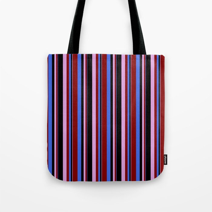 Royal Blue, Maroon, Plum, and Black Colored Striped/Lined Pattern Tote Bag