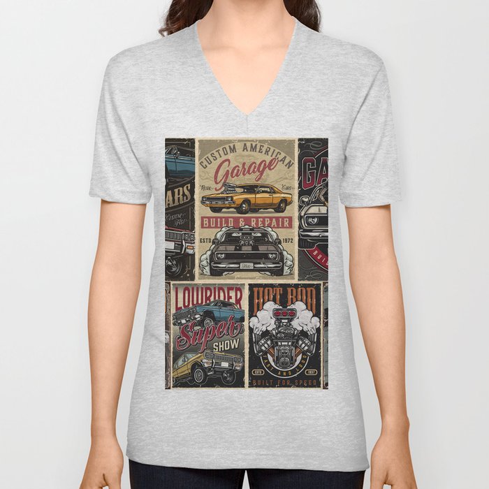 Custom cars vintage colorful posters with lowrider muscle and hot rod cars turbo engine classic retro automobile pretty tattooed woman holding spanner vintage illustration V Neck T Shirt