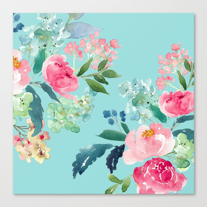 Aqua Blue Watercolor Pink Flowers Canvas Print By