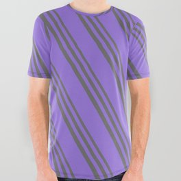 [ Thumbnail: Dim Gray & Purple Colored Stripes/Lines Pattern All Over Graphic Tee ]