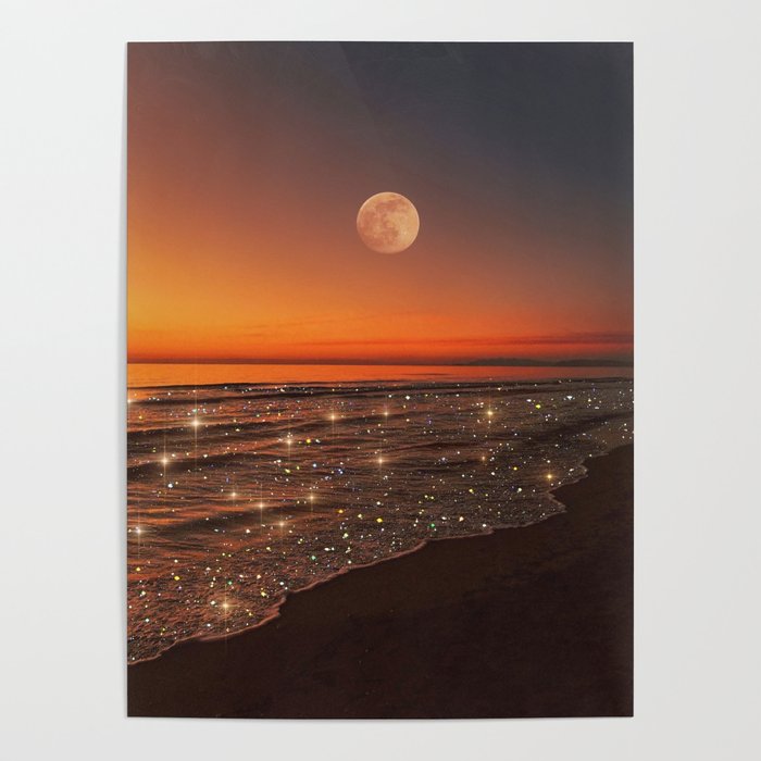 SUNSET WITH A FULL MOON | collage | nature | warm | ocean | sea | glitter | glow | waves | sky bling Poster