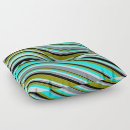 [ Thumbnail: Colorful Black, Green, Aqua, Light Gray, and Slate Gray Colored Stripes/Lines Pattern Floor Pillow ]