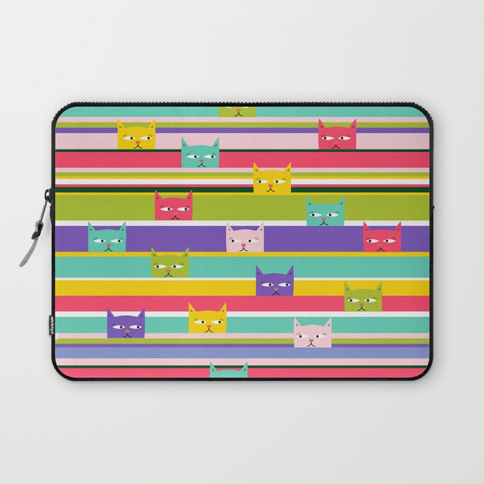 Colorful Peeking Cats on stripes Laptop Sleeve