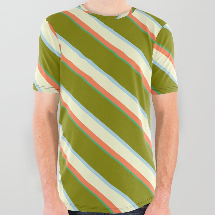 Vibrant Green, Light Blue, Light Yellow, Coral & Sea Green Colored Lines/Stripes Pattern All Over Graphic Tee