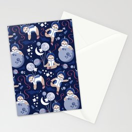 Best Space To Be // navy blue background indigo moons and cute astronauts sloths Stationery Card