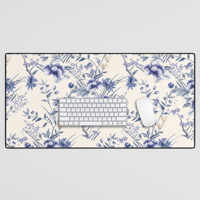 Chinoiserie Flowers Blue on Seashell Desk Mat