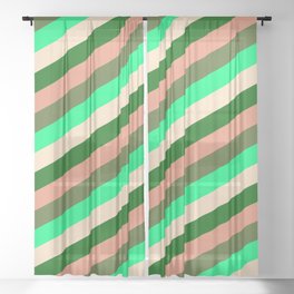 [ Thumbnail: Eye-catching Green, Bisque, Dark Green, Dark Salmon & Dark Olive Green Colored Lined/Striped Pattern Sheer Curtain ]