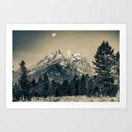 Grand Teton Mountain Peaks Under The Moon - Sepia Edition Art Print