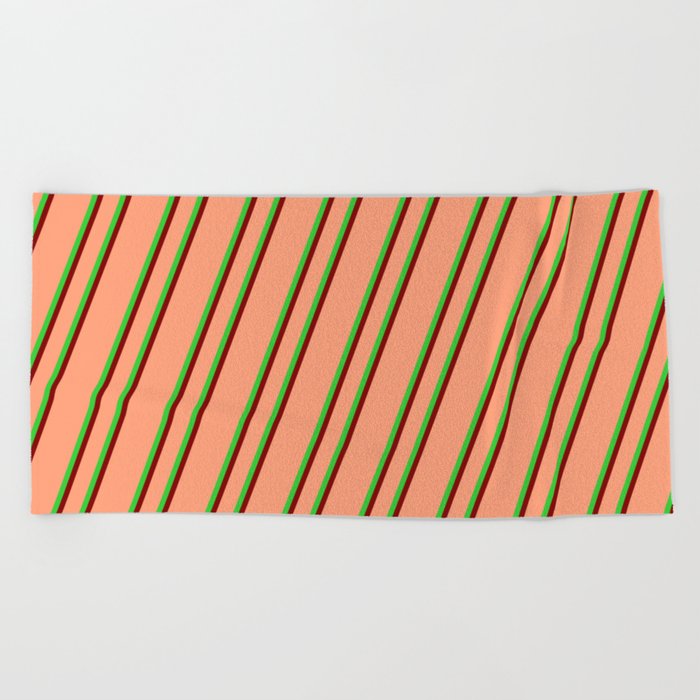 Light Salmon, Lime Green, and Maroon Colored Lines/Stripes Pattern Beach Towel