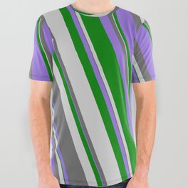 [ Thumbnail: Dim Gray, Purple, Green & Light Grey Colored Lined Pattern All Over Graphic Tee ]