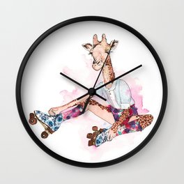 Roller Skating Giraffe Watercolor Wall Clock
