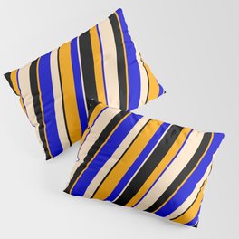 [ Thumbnail: Orange, Blue, Bisque, and Black Colored Striped Pattern Pillow Sham ]