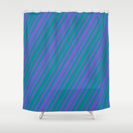 [ Thumbnail: Slate Blue & Dark Cyan Colored Lined Pattern Shower Curtain ]