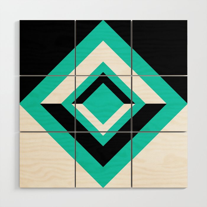 Teal Black and White Diamond Shapes Digital Illustration - Artwork Wood Wall Art