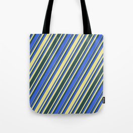 [ Thumbnail: Dark Slate Gray, Royal Blue, and Tan Colored Lined/Striped Pattern Tote Bag ]